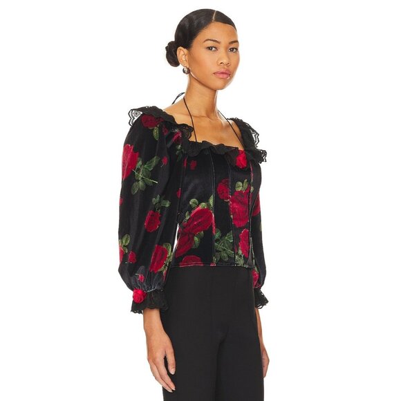 For Love & Lemons Black Red Rose Velvet Yara Top NWT $189 Size Medium - Picture 2 of 11